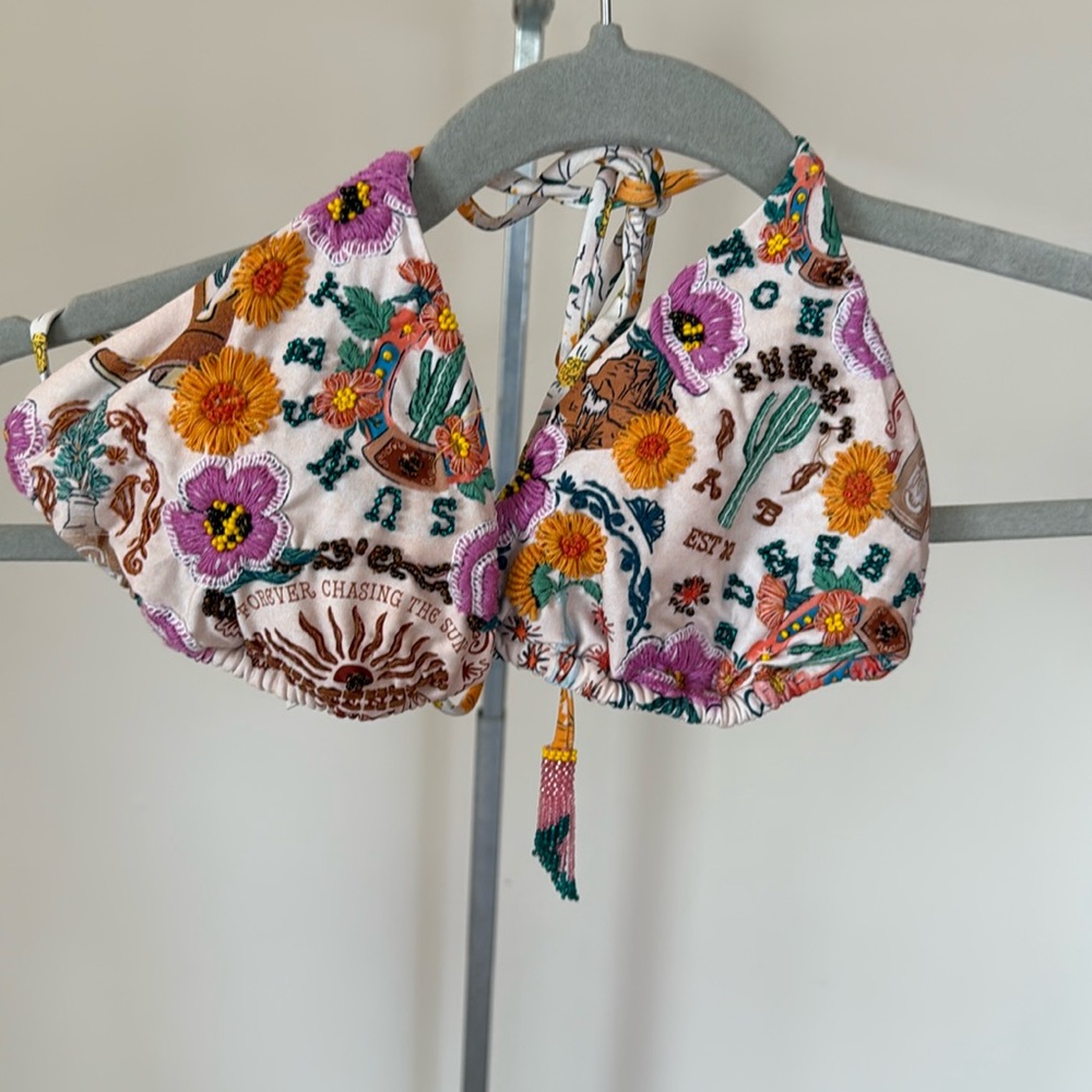 Agua Bendita Lolita Nopal Hand Embroidered Triangle Bikini Top Size Large!